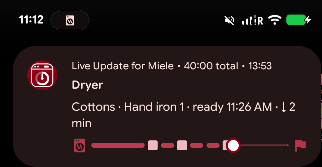 Android status-bar chip expanded to a full card: Dryer, Cottons · Hand iron 1, with a progress bar and time remaining.