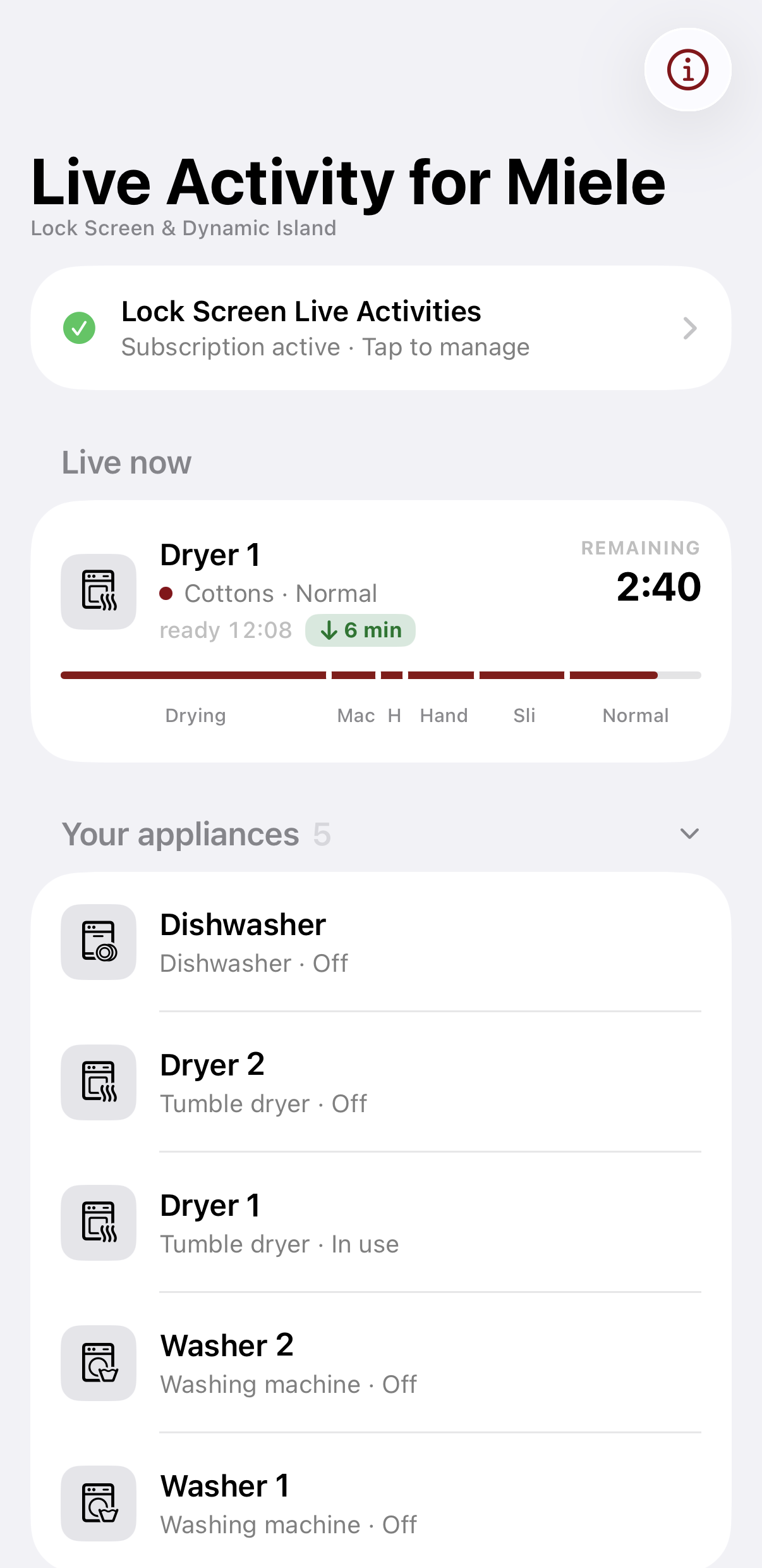 The iPhone app: Live now showing Dryer 1 with a phase bar and 2:40 remaining, and Your appliances listing Dishwasher, Dryer 2, Dryer 1, Washer 2 and Washer 1.